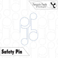 Outline of a safety pin on a patterned background with 'Penguin Feats' branding.