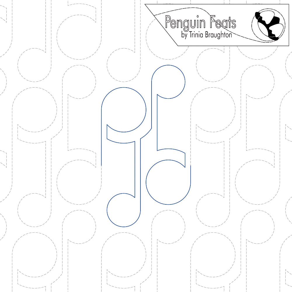 Outline of a safety pin shapes  with 'Penguin Feats' by Trinia Braughton logo on a patterned background