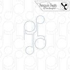 Outline of a safety pin shapes  with 'Penguin Feats' by Trinia Braughton logo on a patterned background