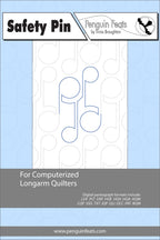 design info for computerized longarm quilt pattern with safety pin design on a light blue background