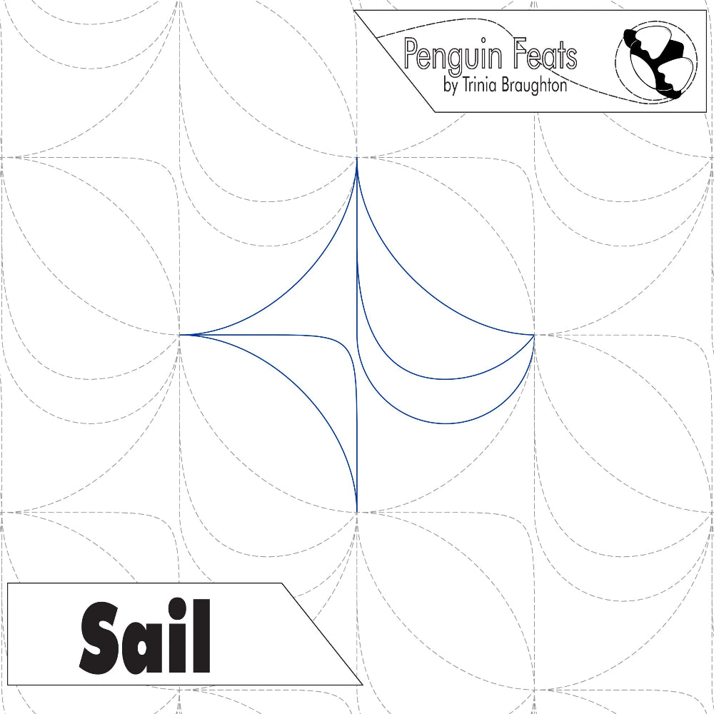 Quilting design for 'Sail' by Penguin Feats with geometric design and brand name.