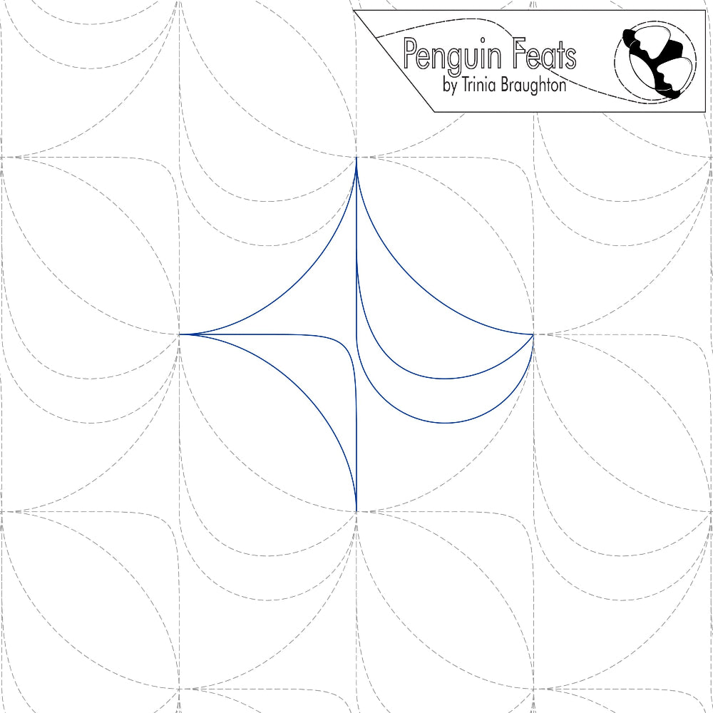 Quilting pattern with circular shapes and 'Penguin Feats' branding.