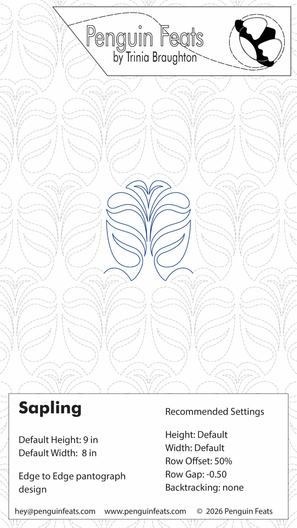 Design card for 'Sapling' pattern by Trinia Braughton with decorative elements and branding information.