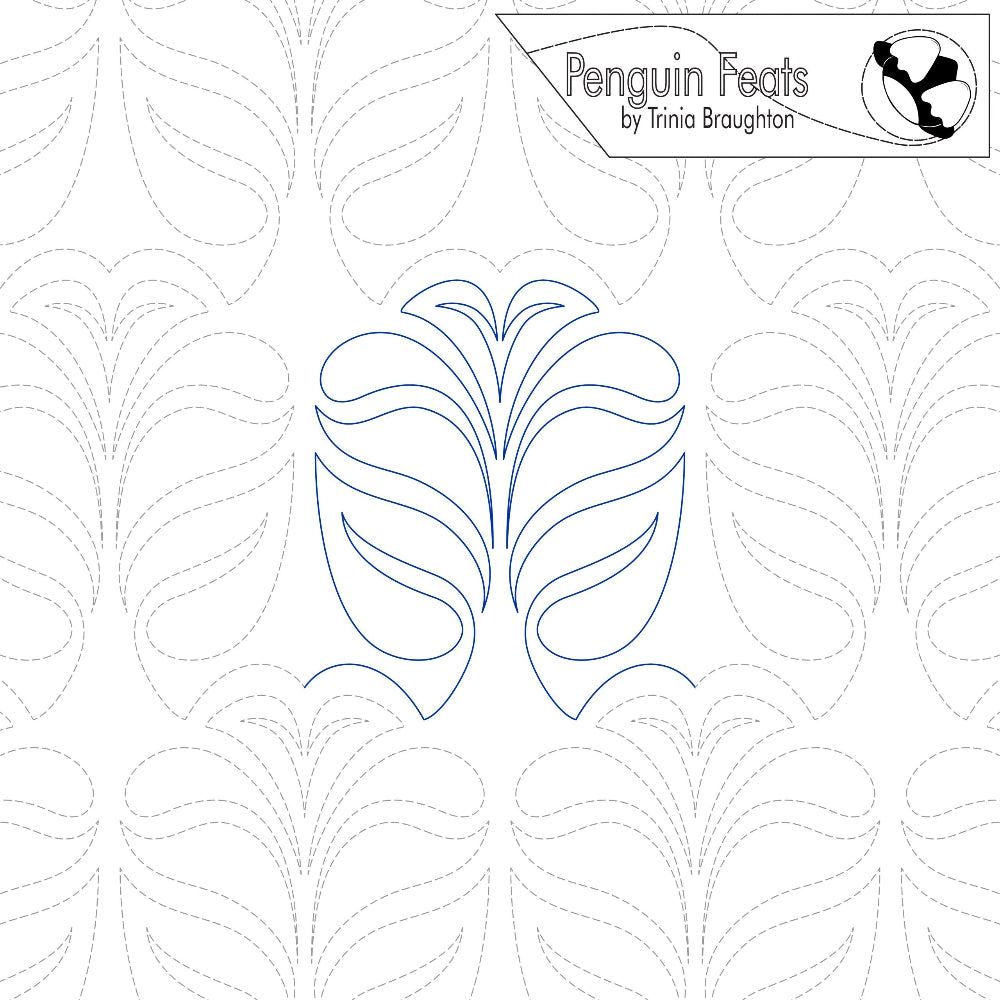 Continuous line design of leaf pattern and 'Penguin Feats' branding on a white background