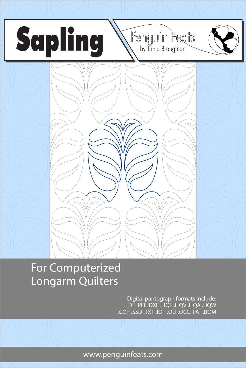 Quilting design sheet for computerized longarm quilters with leaf pattern on blue background