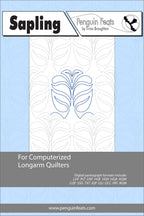 Quilting design sheet for computerized longarm quilters with leaf pattern on blue background
