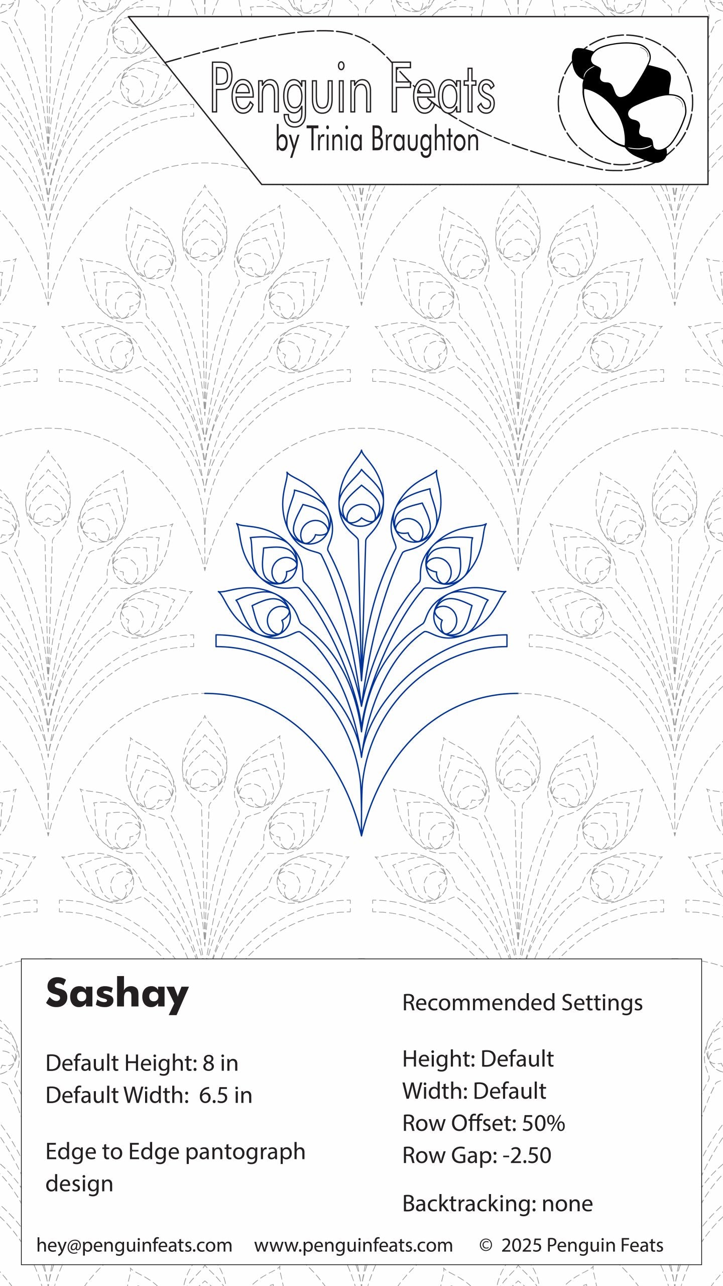 Design card for 'Sashay' pattern by Trinia Braughton with floral feather like outline and branding details.