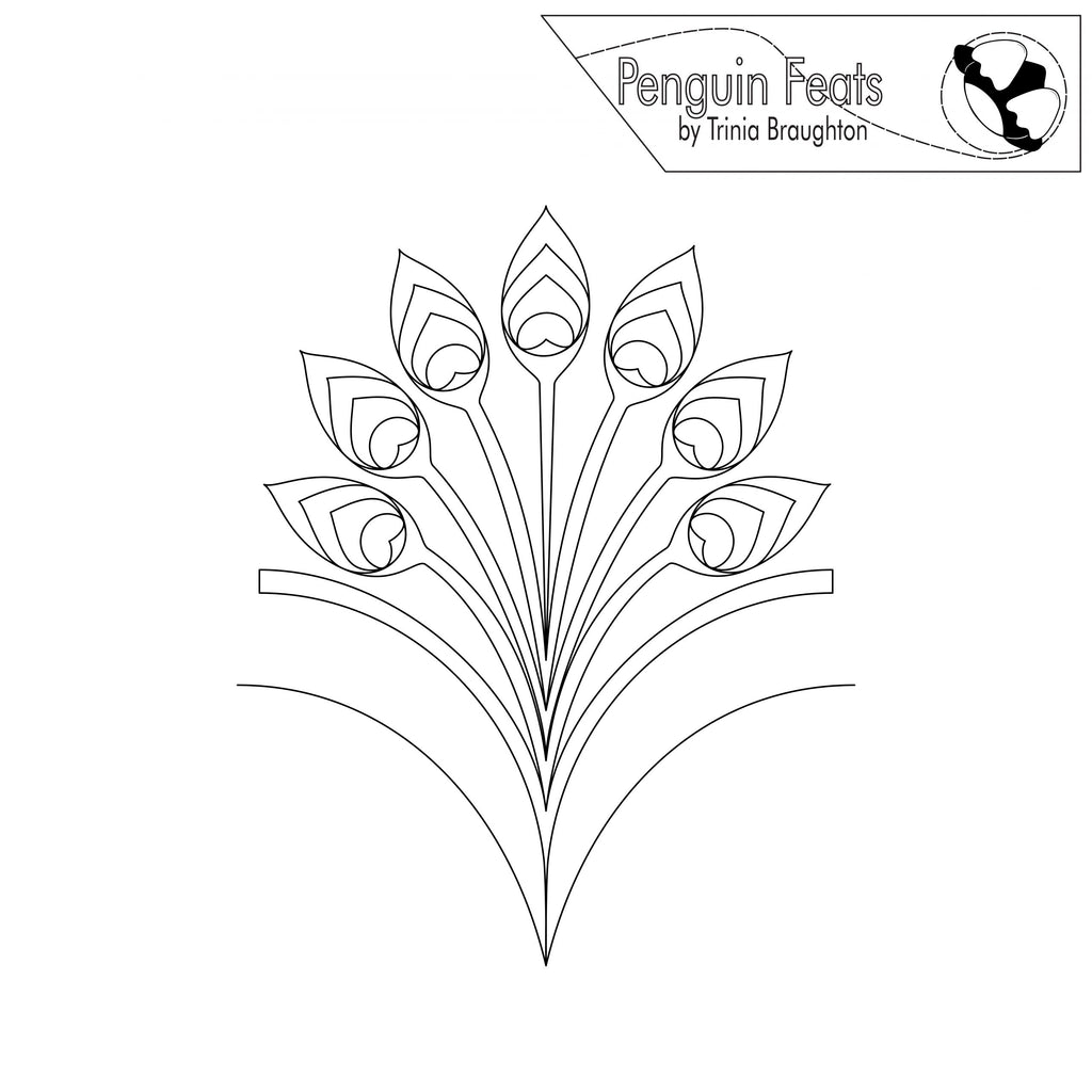 Black and white line drawing of a peacock flourish design with 'Penguin Feats' branding at the top.