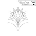 Black and white line drawing of a peacock flourish design with 'Penguin Feats' branding at the top.