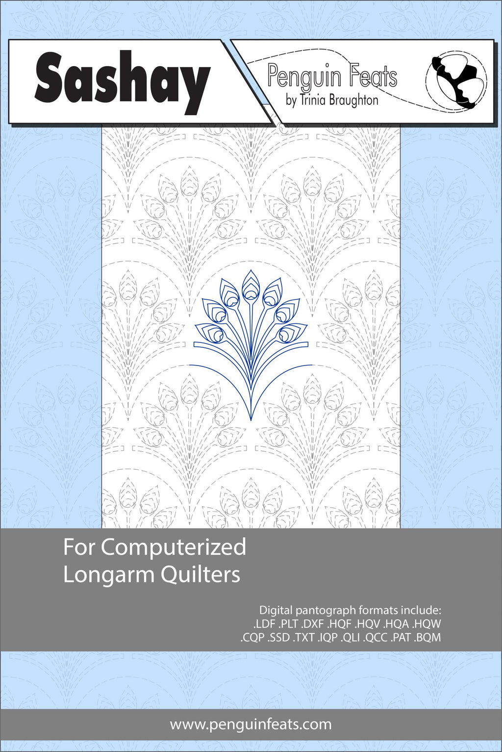 Sashay pattern for computerized longarm quilters with a blue floral design on a light gray background.