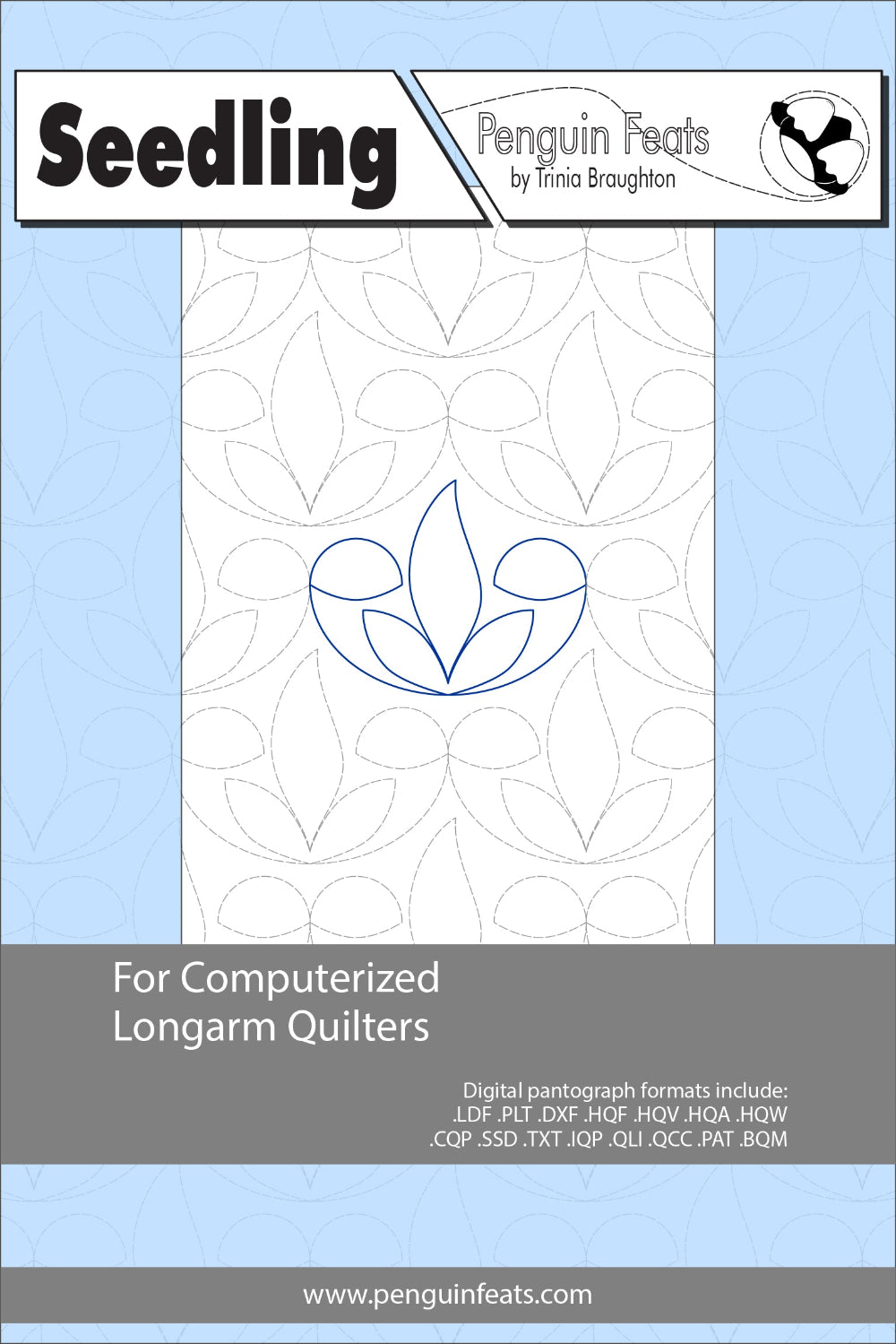 Seedling pattern for computerized longarm quilters with a blue and gray design on a light blue background.