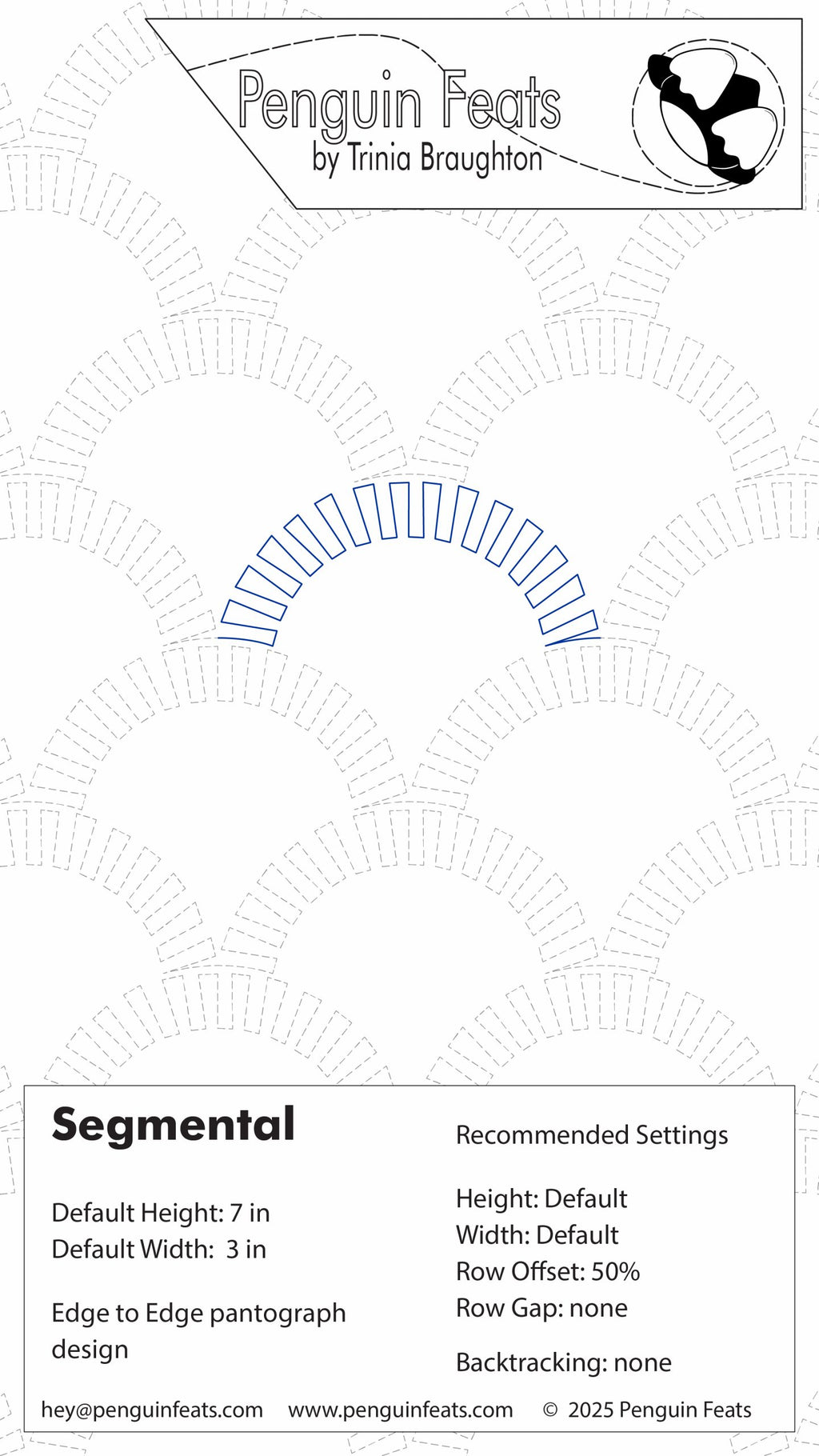 Penguin Feats pattern design with branding and technical details on a white background