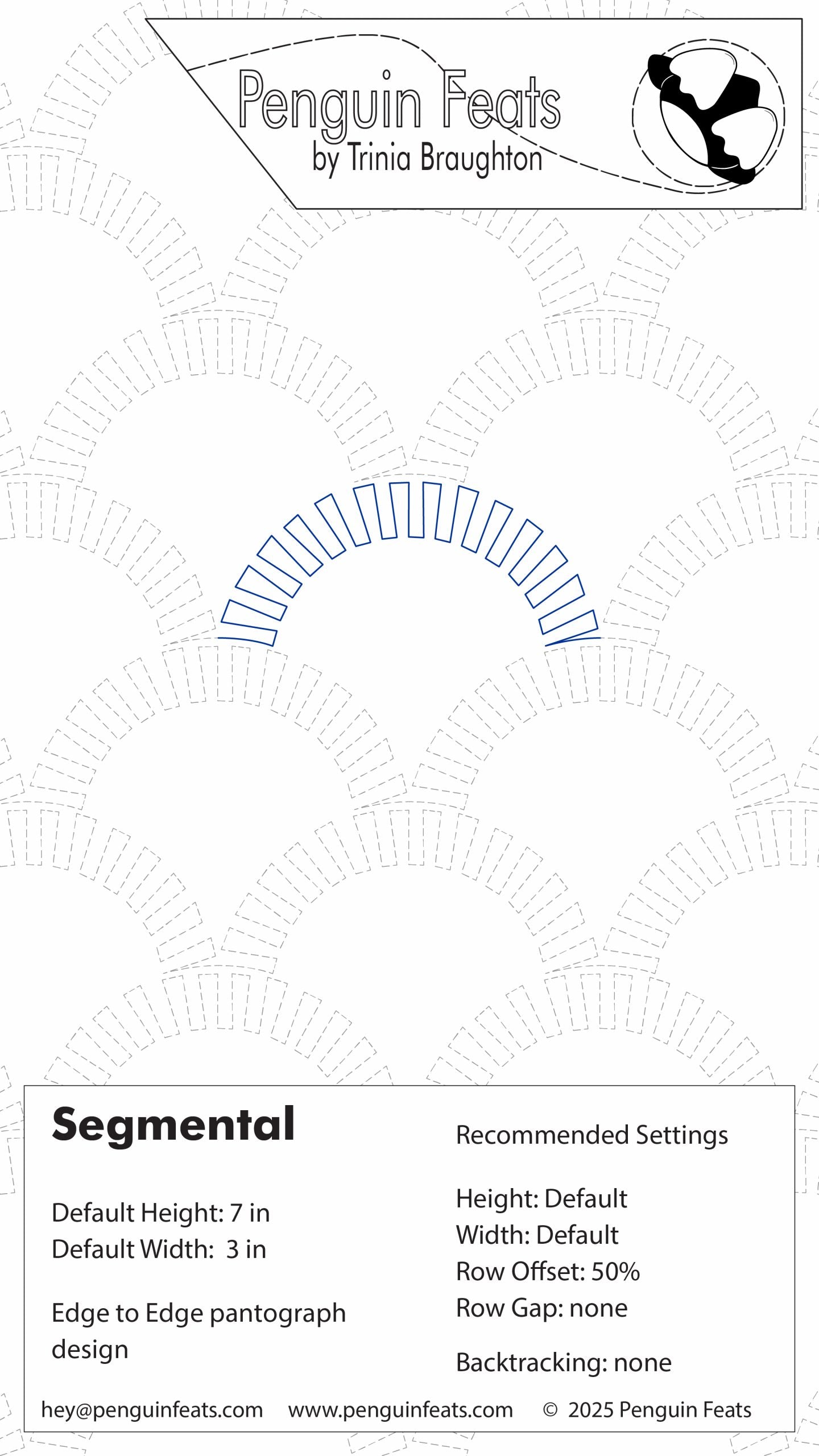 Penguin Feats pattern design with branding and technical details on a white background