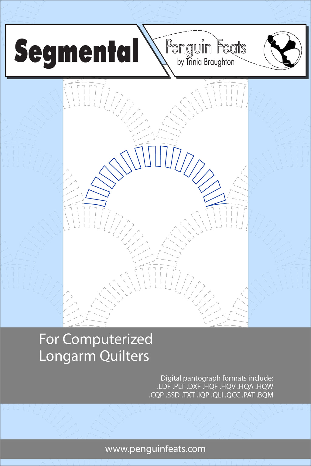 Penguin Feats Segmental pattern for computerized longarm quilters on a blue background