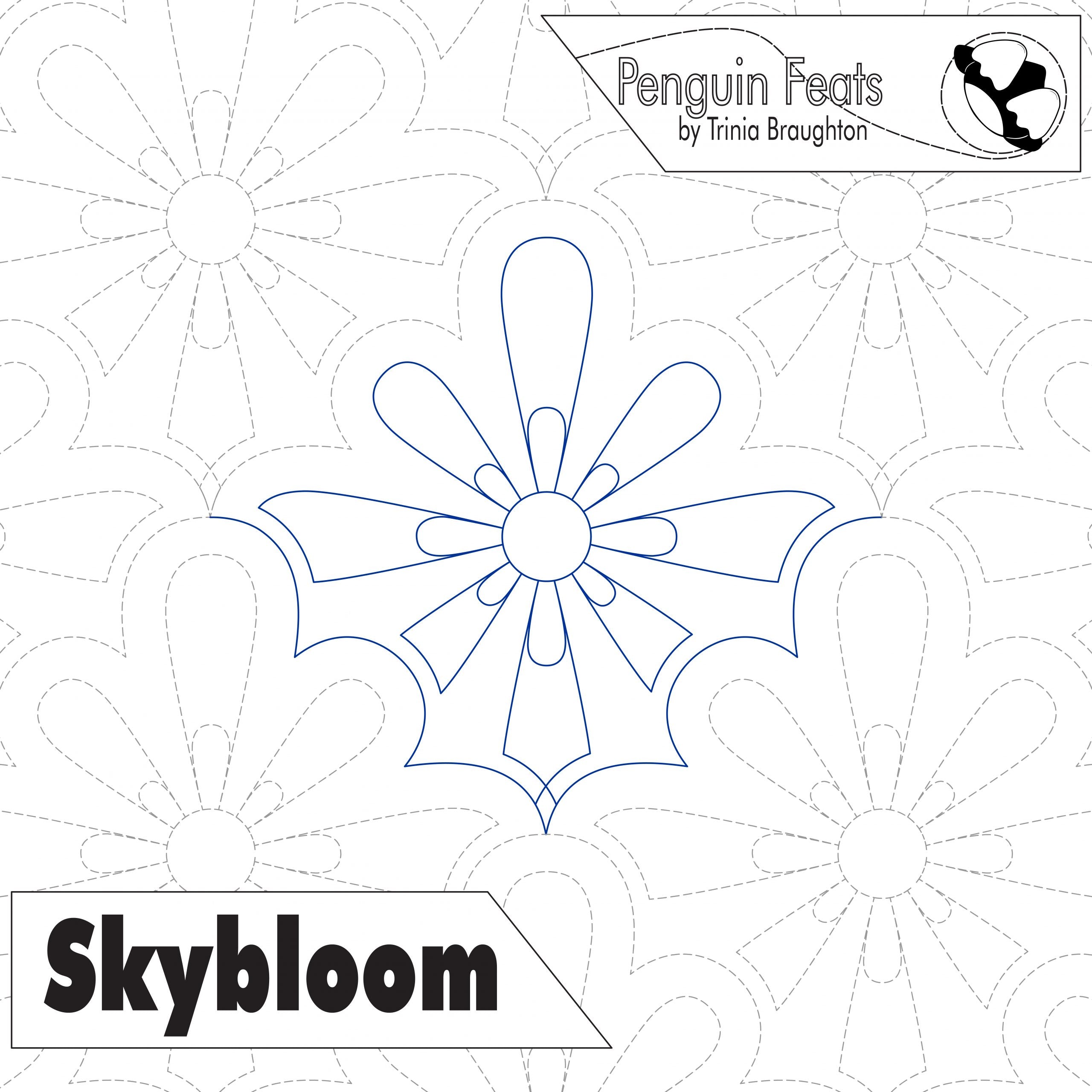 Design of a flower pattern with 'Penguin Feats' and 'Skybloom' text on a white background.