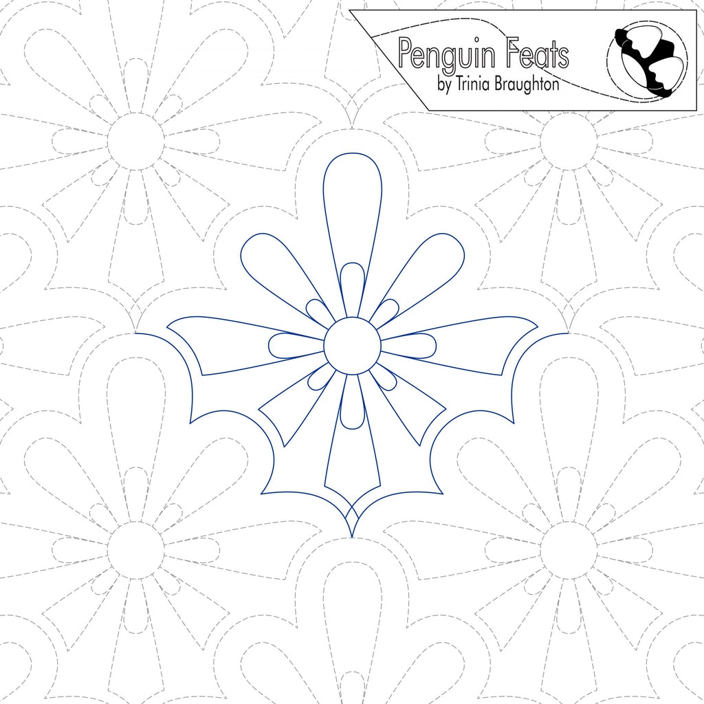 Quilting pantograph with floral pattern and 'Penguin Feats' branding