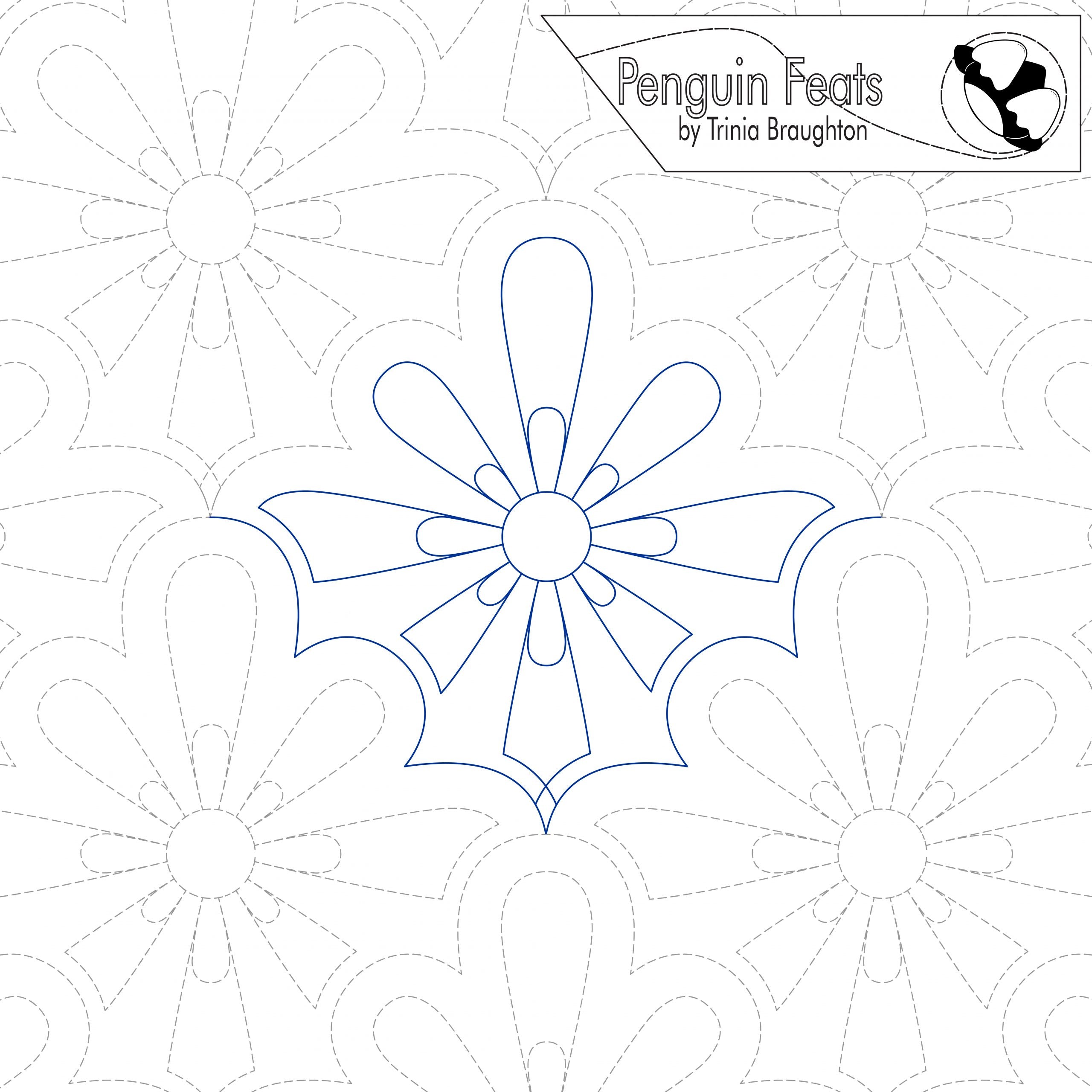 Quilting pantograph with floral pattern and 'Penguin Feats' branding