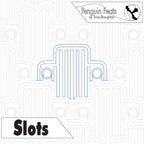 Design template for 'Slots' with geometric patterns and 'Penguin Feats' branding.