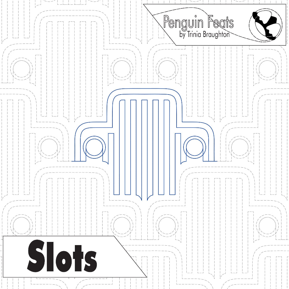 Design template for 'Slots' with geometric patterns and 'Penguin Feats' branding.