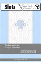 Pattern sheet for 'Slots' by Trinia Braughton with a blue and gray design on a light blue background.