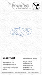 Design card for 'Snail Twist' pattern by Trinia Braughton with decorative elements and text.
