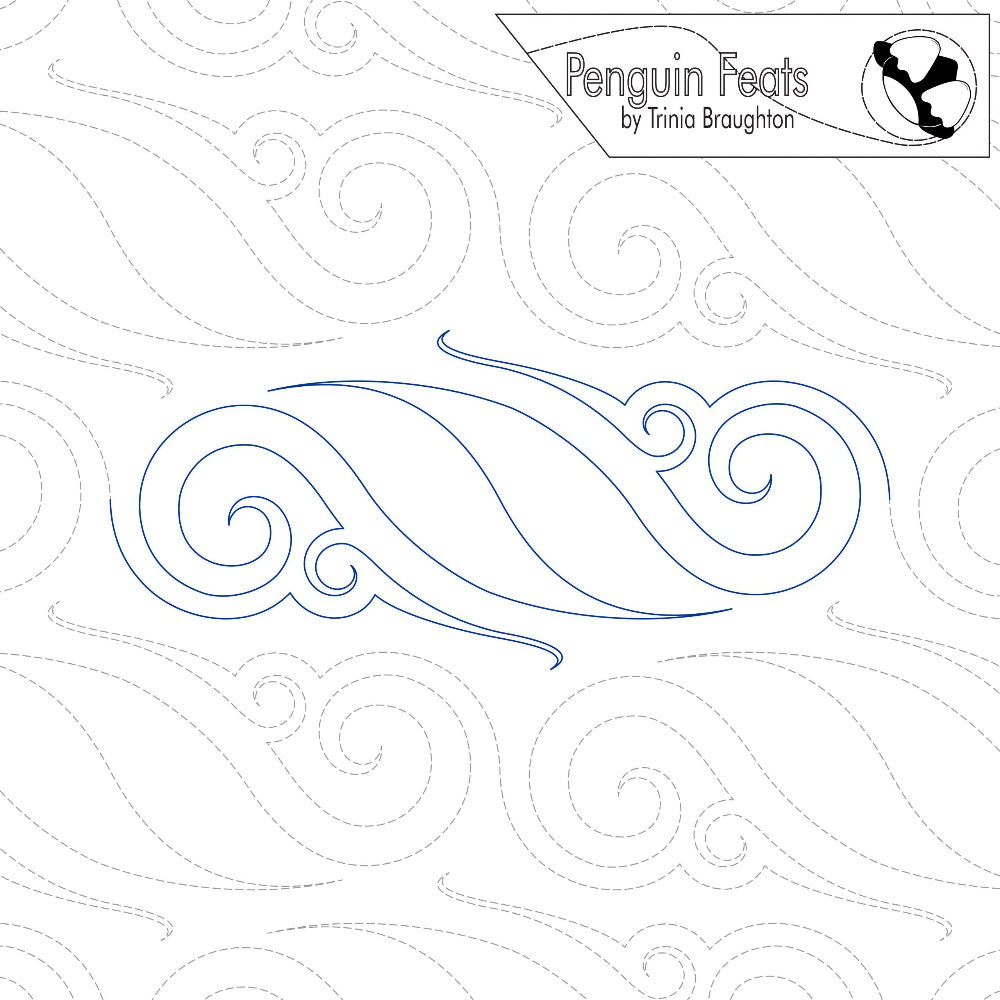 Decorative swirl pattern with 'Penguin Feats' branding on a white background