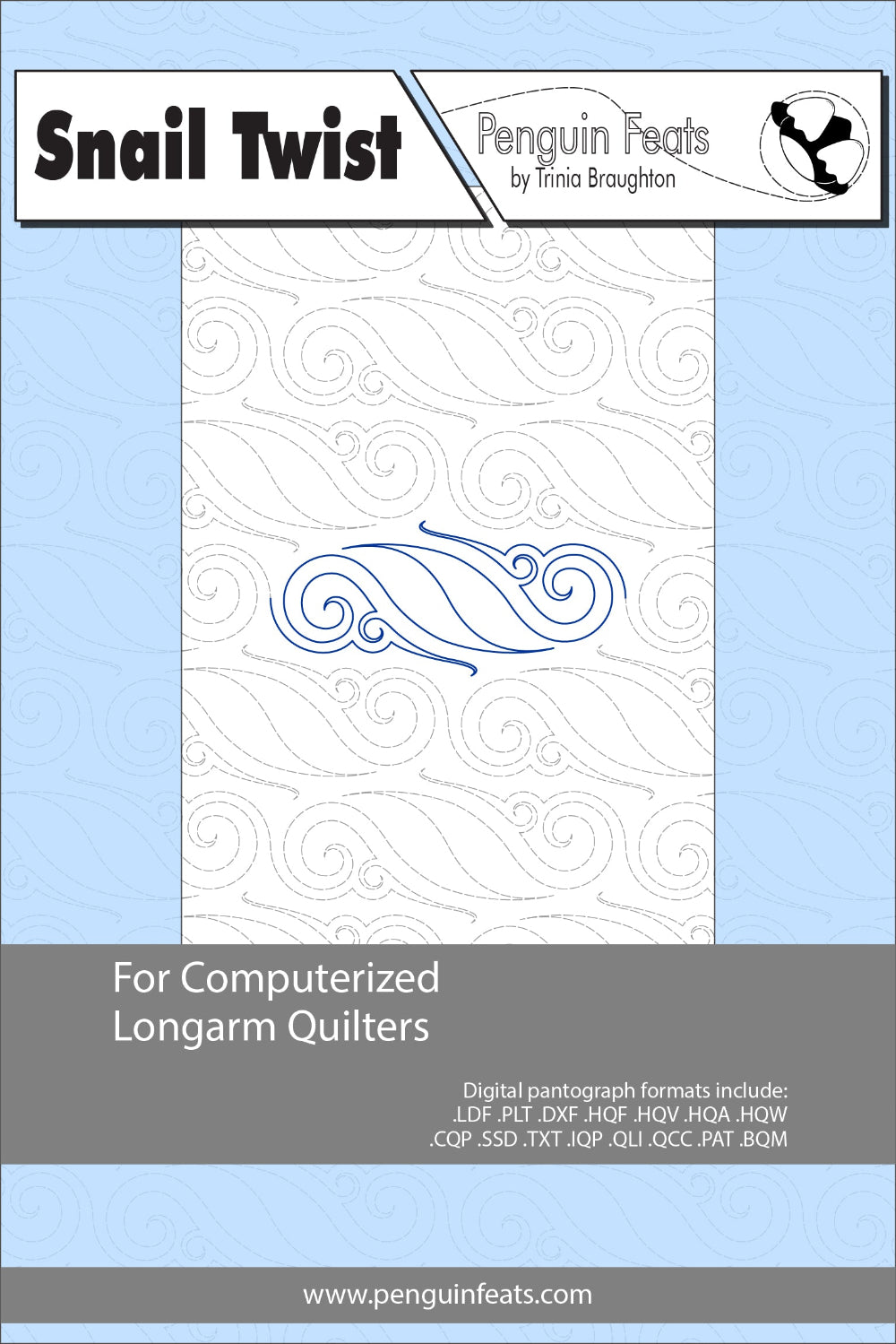 Pattern sheet for Snail Twist a computerized longarm quilting design with a blue and white design on a light blue background.
