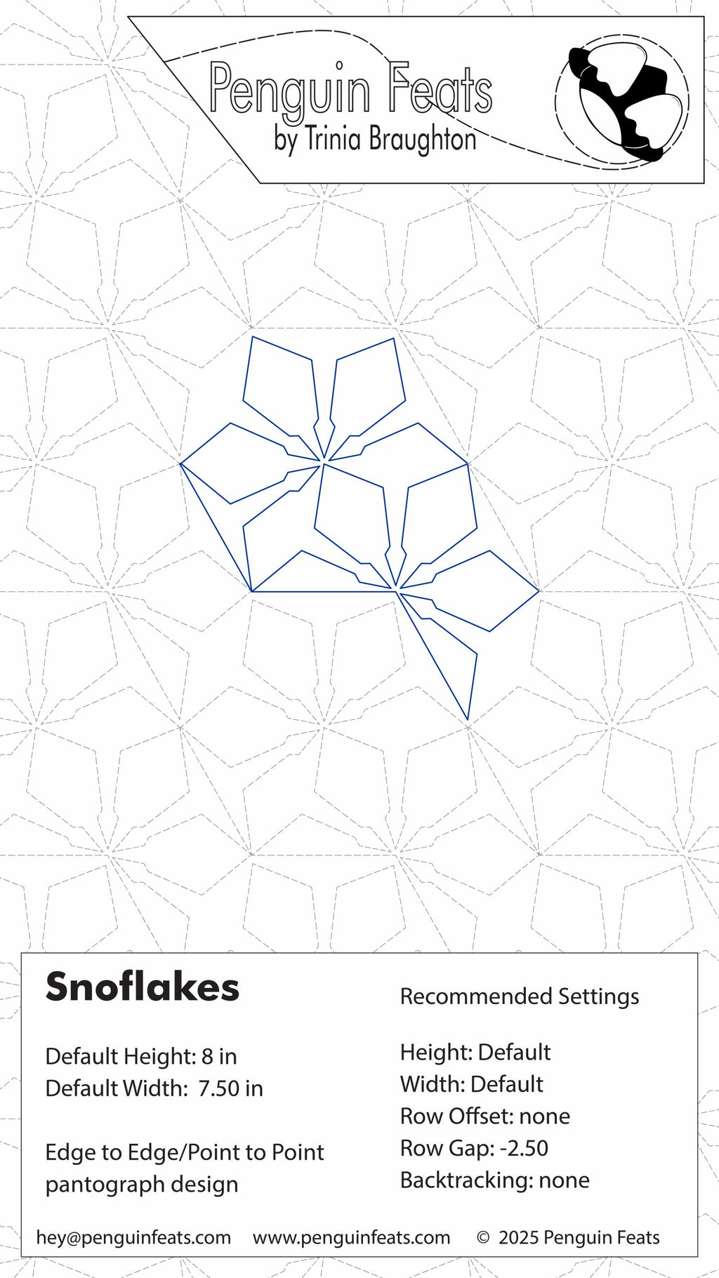 Continuous line pattern of snowflakes by Trinia Braughton with geometric design on a white background.