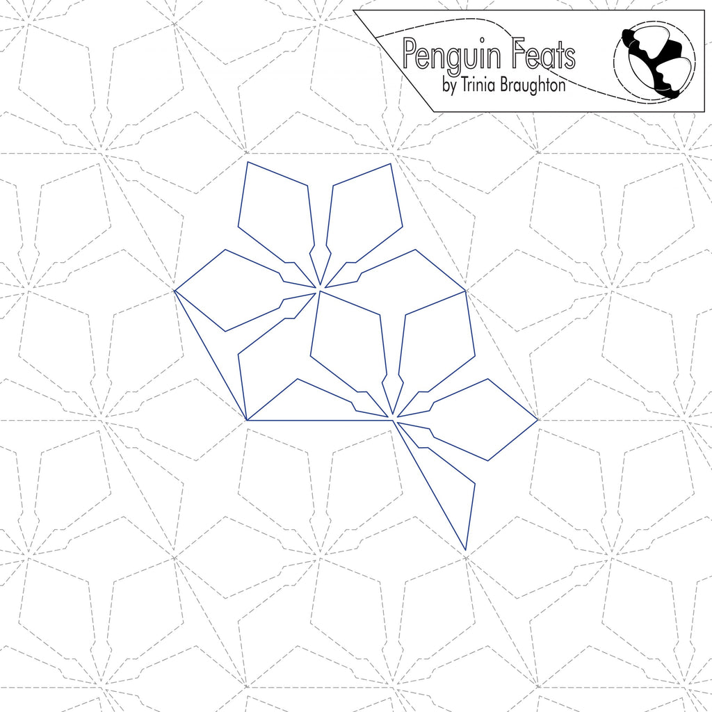 Geometric design with 'Penguin Feats' by Trinia Braughton logo on a white background