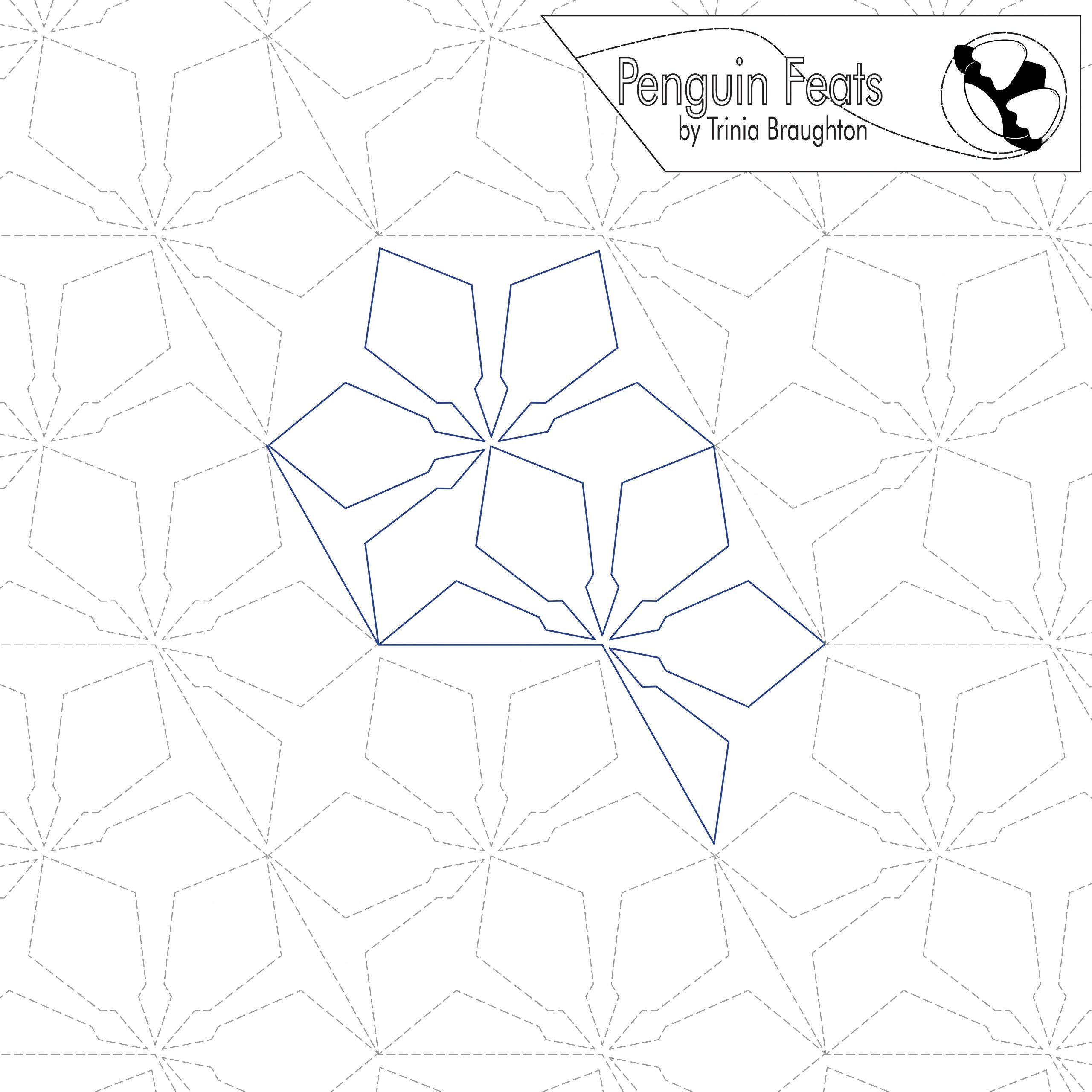 Geometric design with 'Penguin Feats' by Trinia Braughton logo on a white background