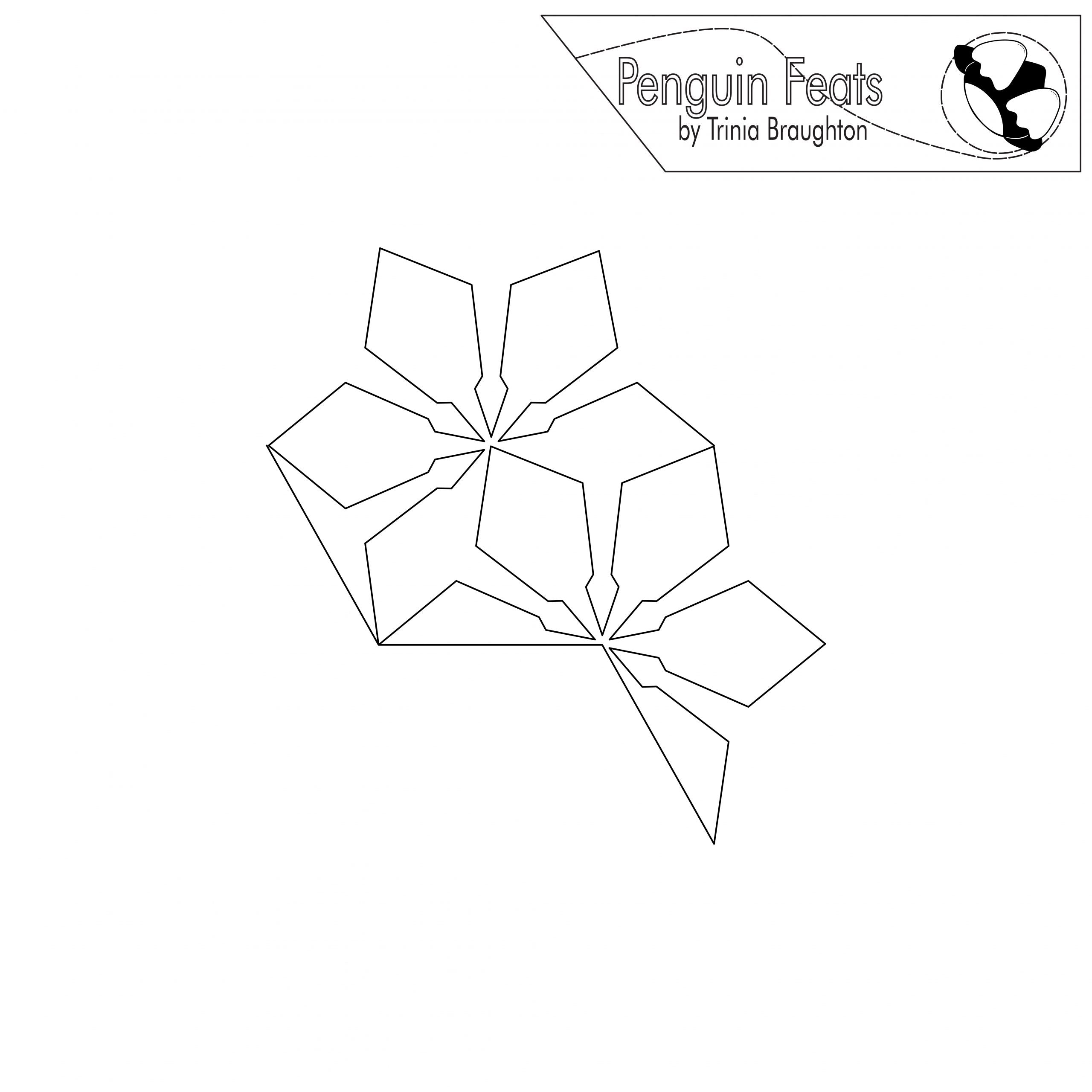 Geometric design of a repeating snowflake with 'Penguin Feats by Trinia Braughton' logo at the top.