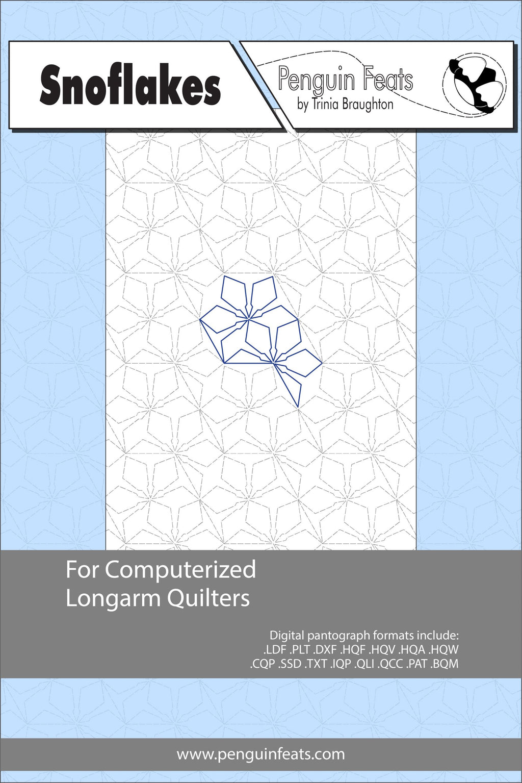 Design for computerized longarm quilters with a blue snowflake pattern on a light blue background.