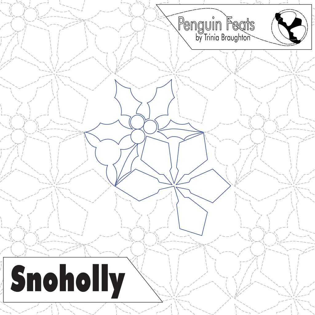 Outline of a snowflake with 'Penguin Feats' and 'Snoholly' text on a geometric patterned background.