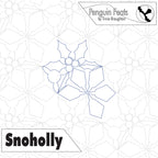 Outline of a snowflake with 'Penguin Feats' and 'Snoholly' text on a geometric patterned background.
