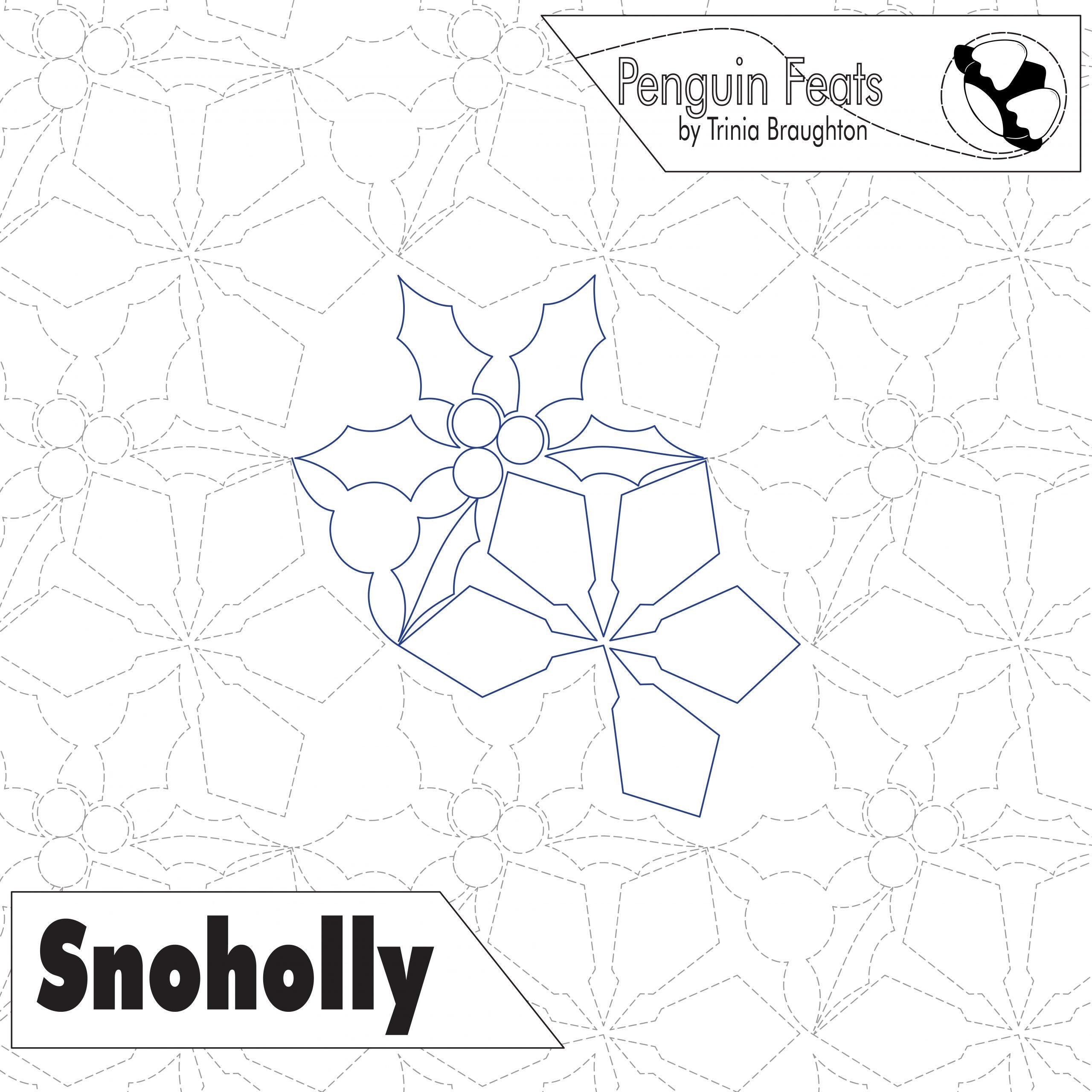 Outline of a snowflake with 'Penguin Feats' and 'Snoholly' text on a geometric patterned background.
