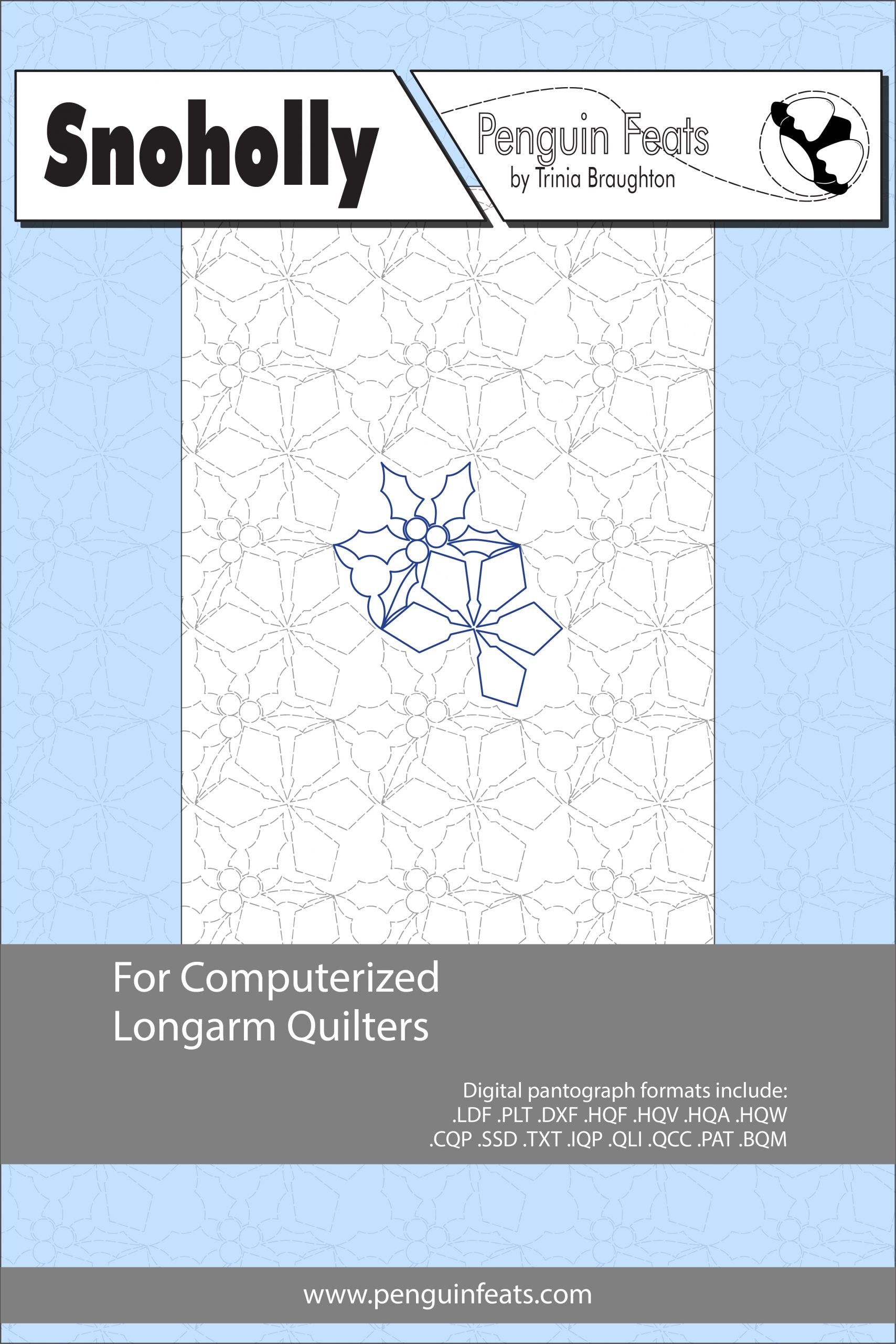 Design sheet for computerized longarm quilters with geometric pattern and brand logo.