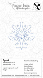 Design sheet for 'Splat' pattern by Trinia Braughton with technical specifications.