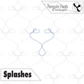 Design pattern with 'Penguin Feats' branding and 'Splashes' text on a white background.