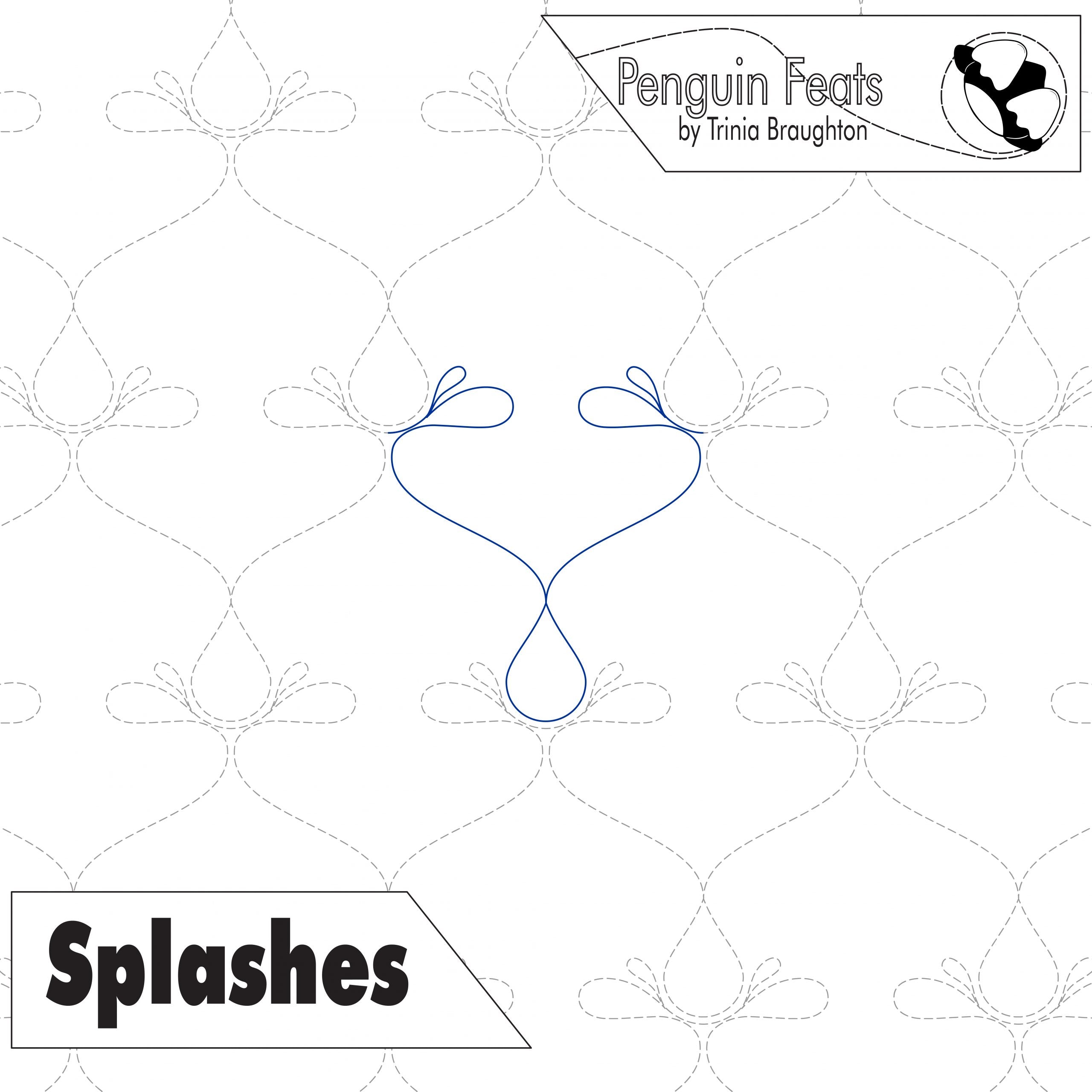 Design pattern with 'Penguin Feats' branding and 'Splashes' text on a white background.