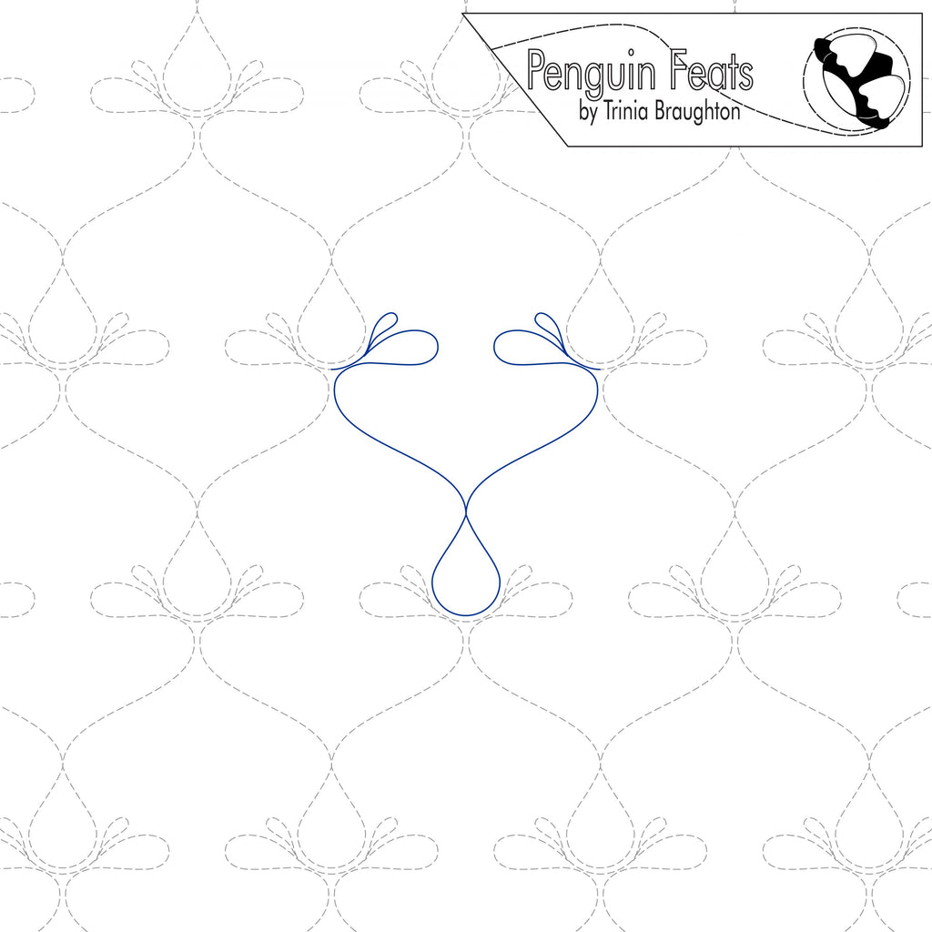 Patterned background with blue water drops splashing design and 'Penguin Feats' branding.