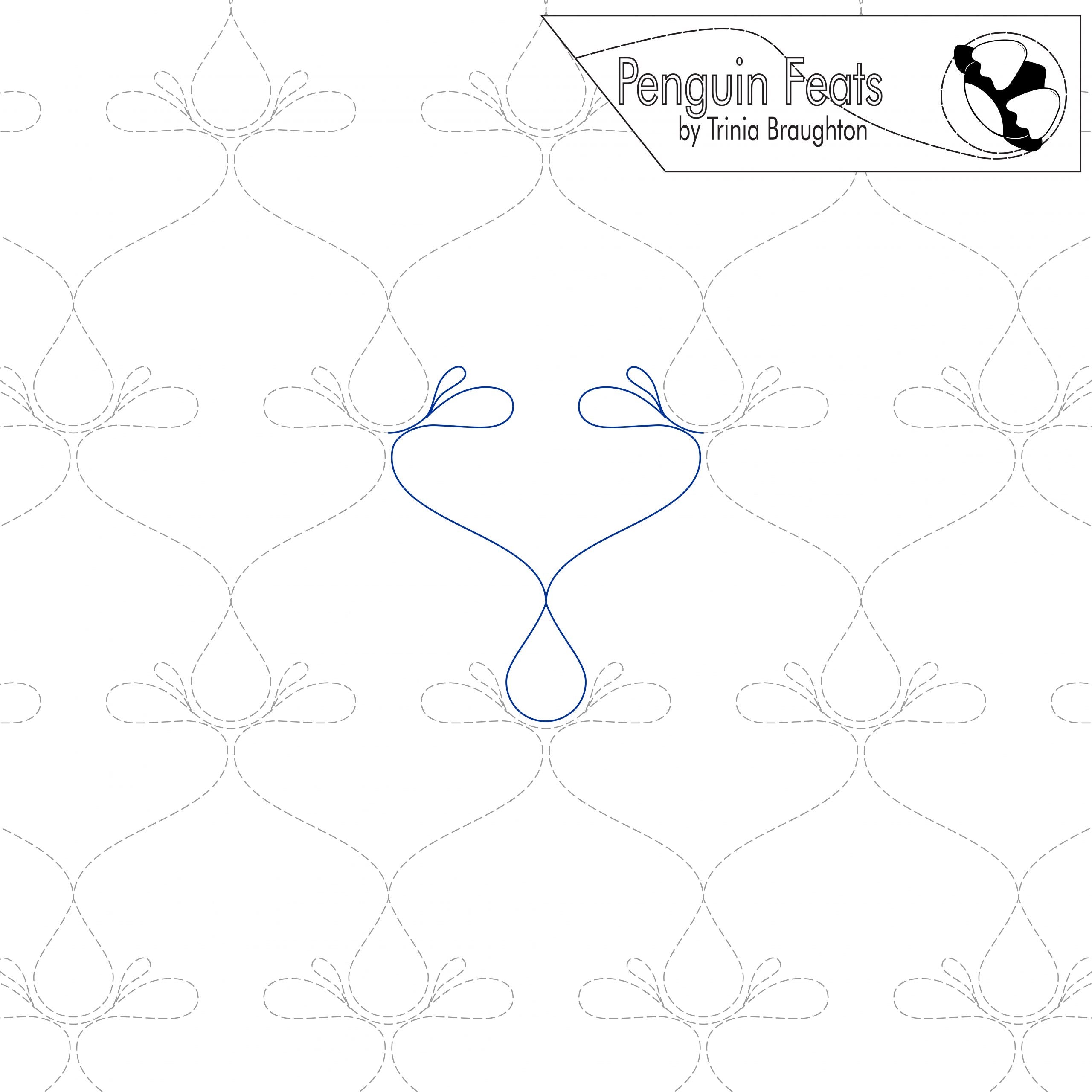 Patterned background with blue water drops splashing design and 'Penguin Feats' branding.
