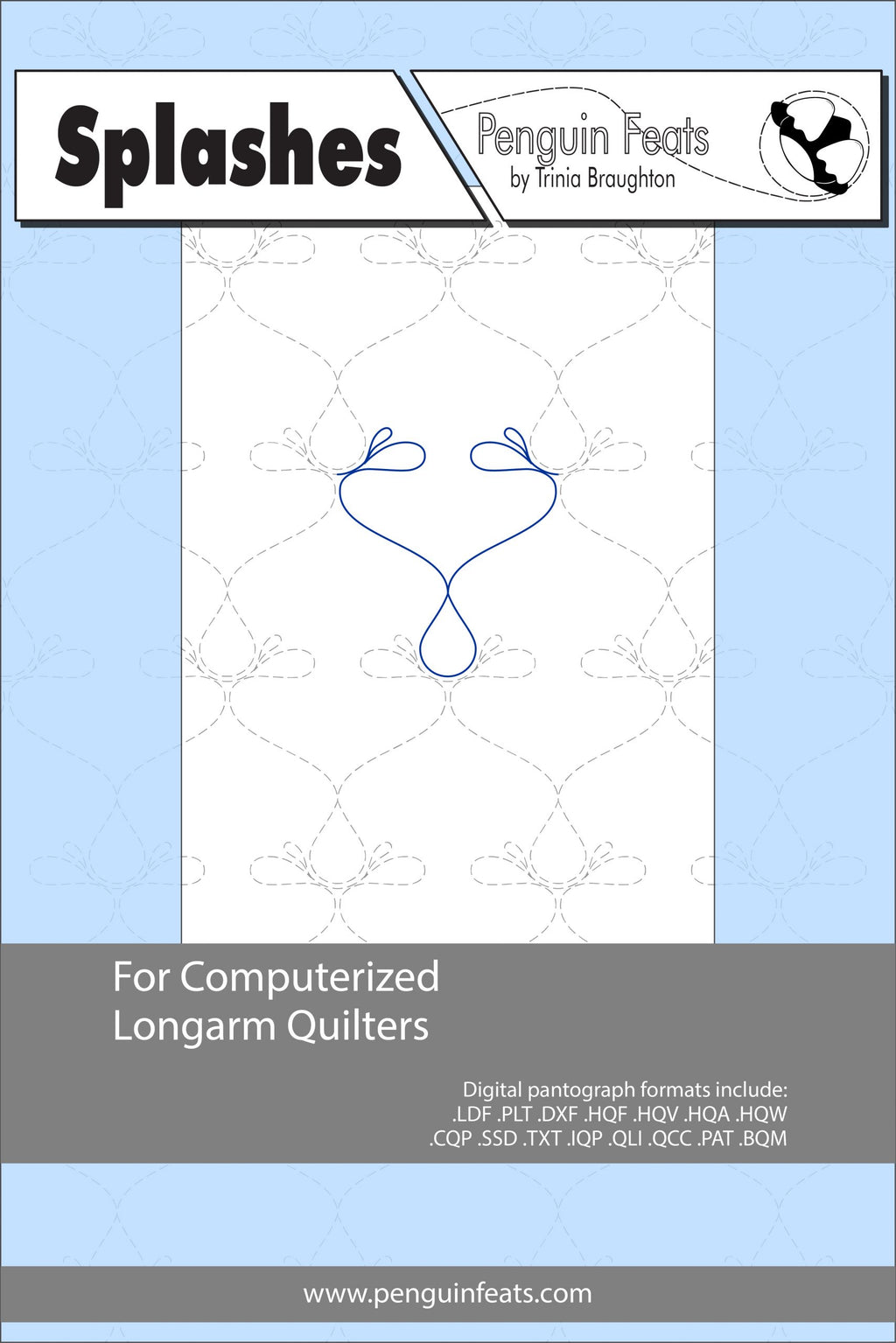 Quilting design sheet titled 'Splashes' by Trinia Braughton for computerized longarm quilters.