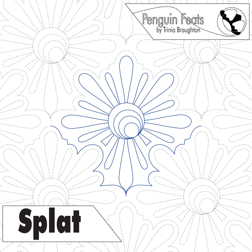 Quilting design of floral motif and 'Penguin Feats' branding