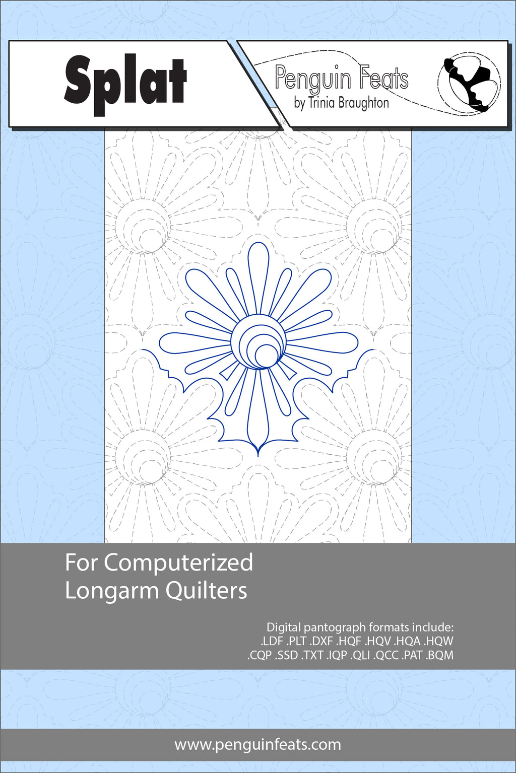 Quilting design sheet for computerized longarm quilters with a blue and white design on a light blue background.
