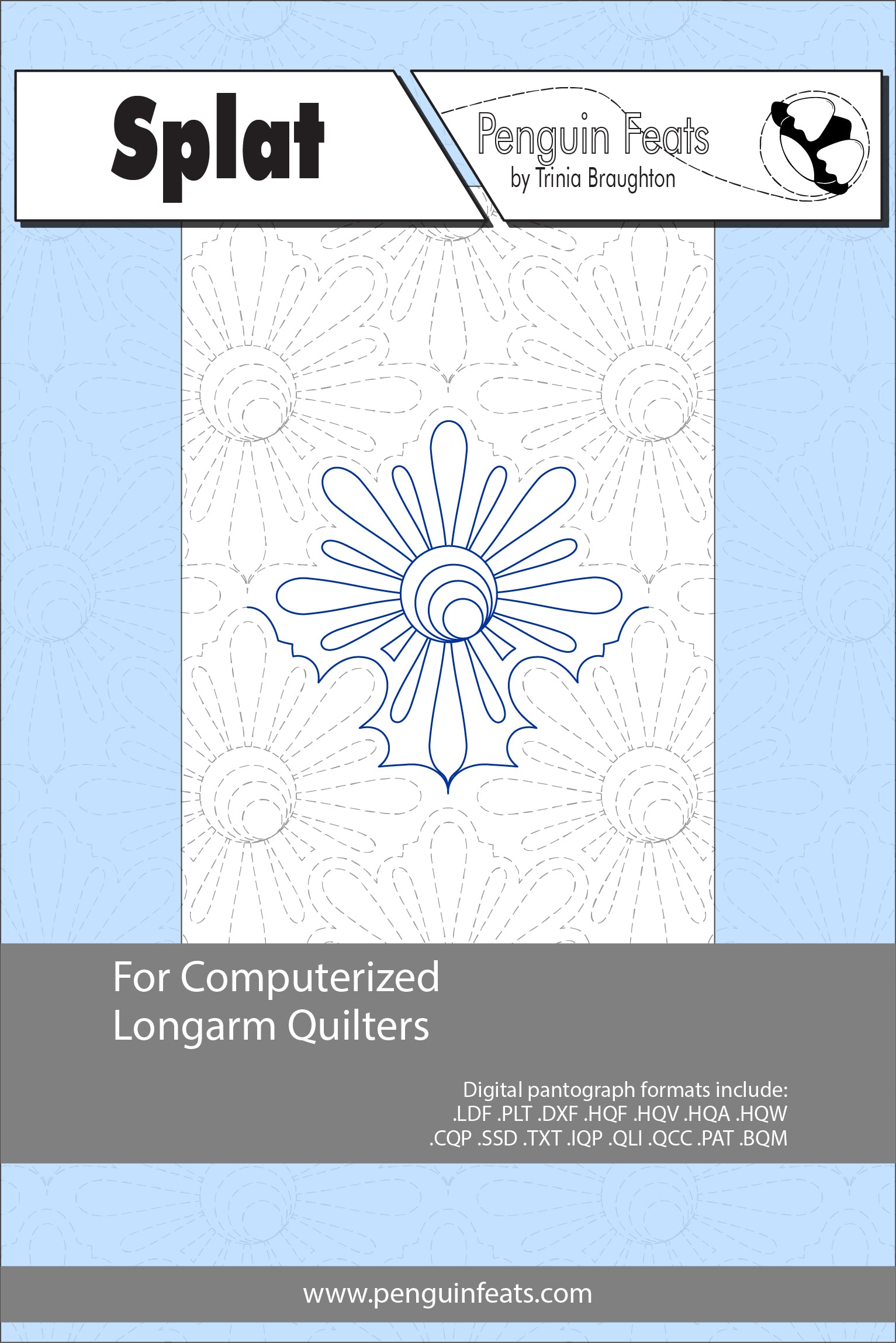 Quilting design sheet for computerized longarm quilters with a blue and white design on a light blue background.