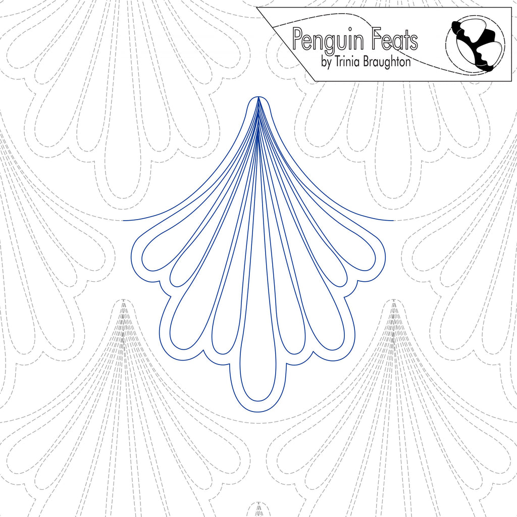 Quilting design on a white background, featuring 'Penguin Feats' by Trinia Braughton.