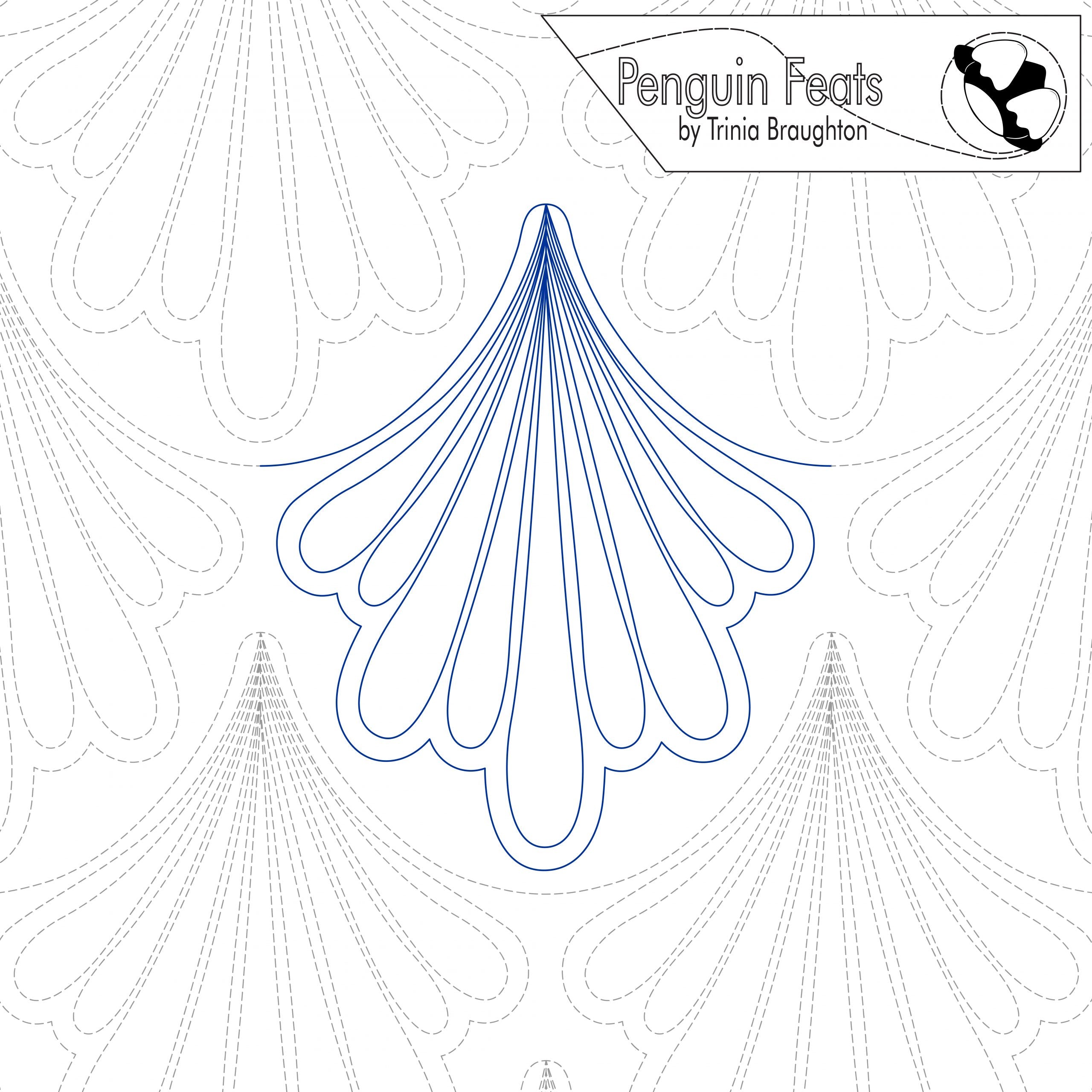 Quilting design on a white background, featuring 'Penguin Feats' by Trinia Braughton.