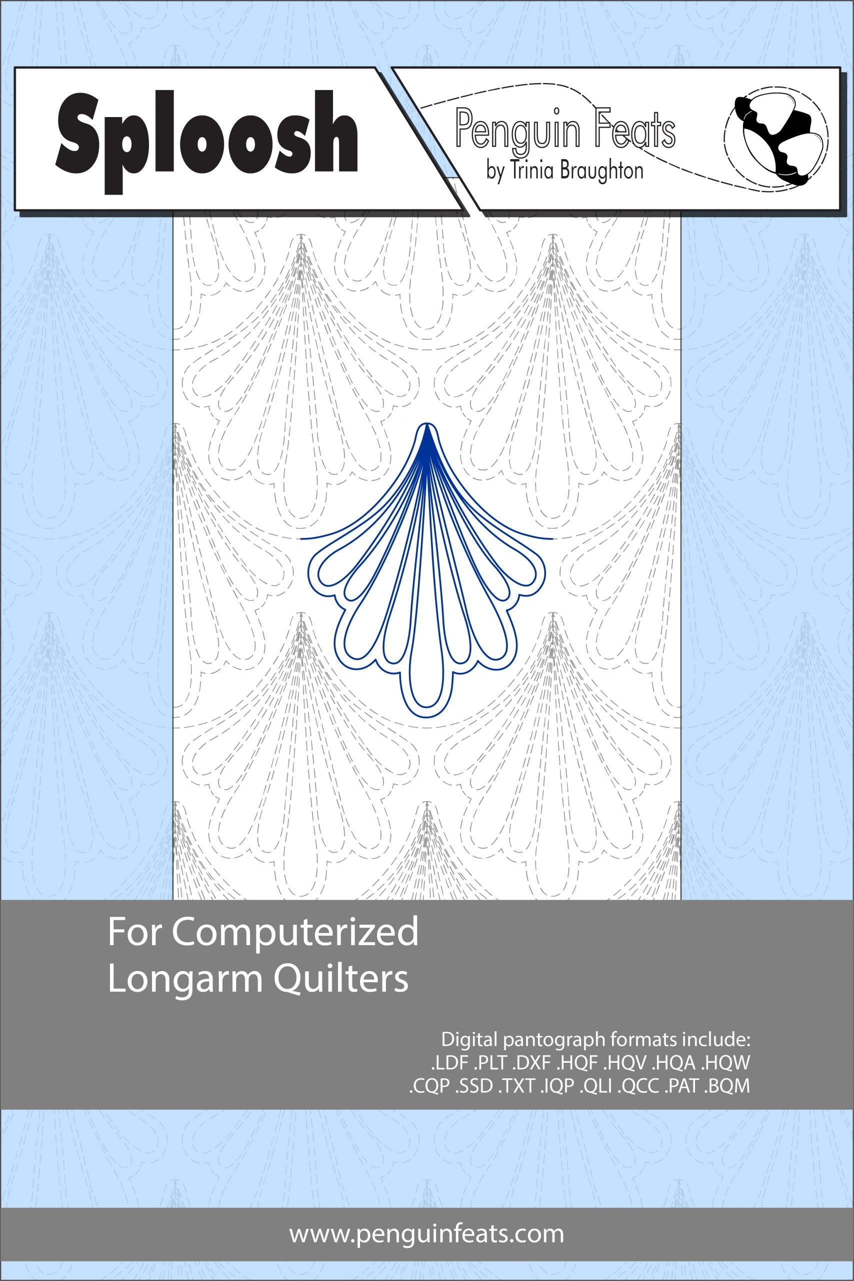 Sploosh pattern sheet for computerized longarm quilters with a blue and white design on a light blue background.