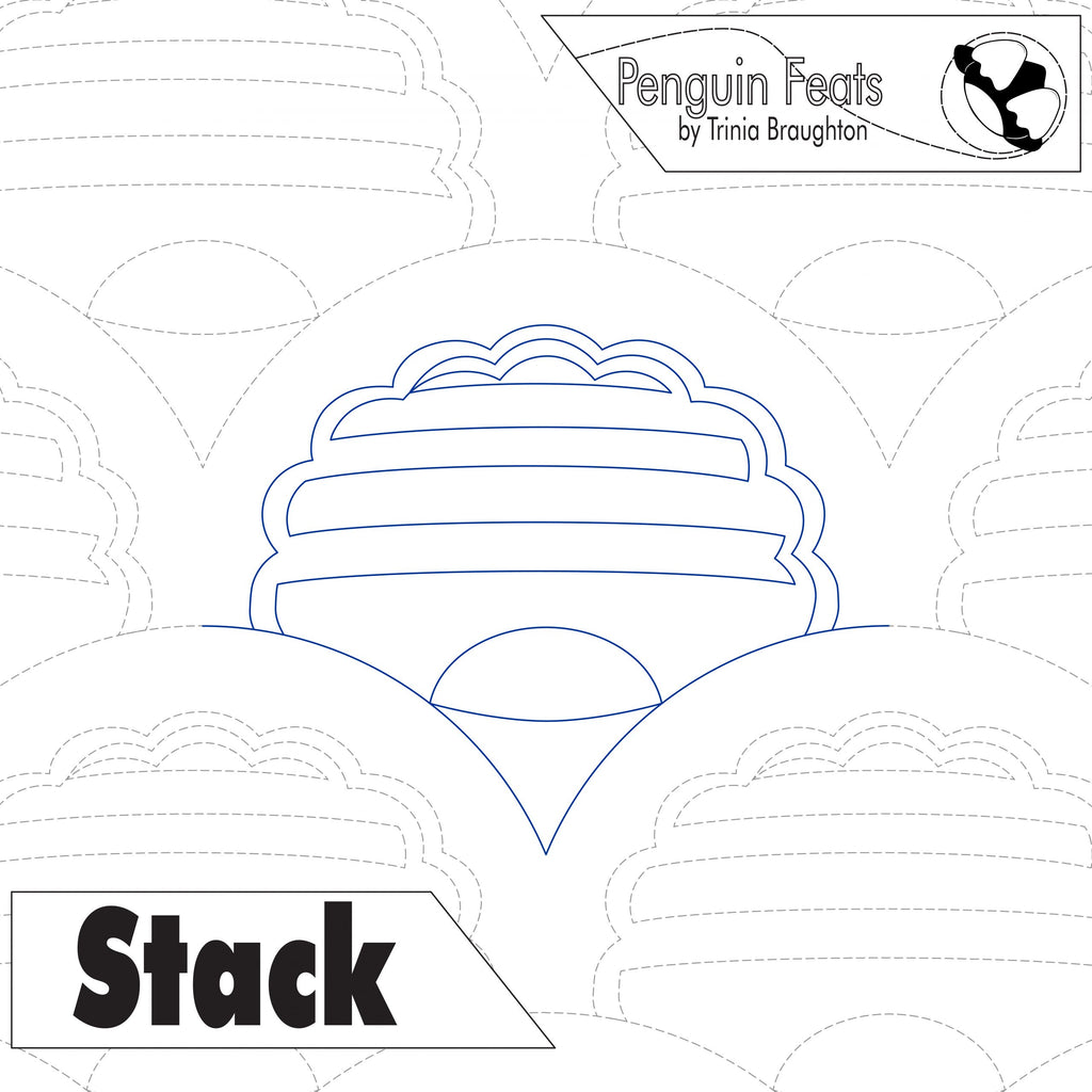 Outline of a cake with 'Stack' text and 'Penguin Feats' branding on a white background