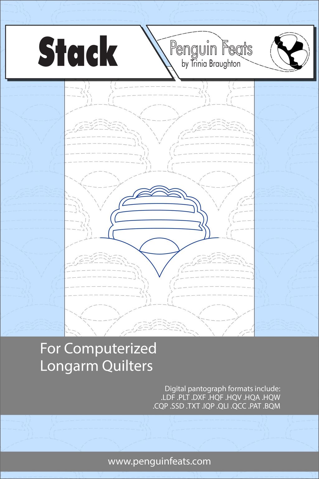 Design for computerized longarm quilters with a blue and gray color scheme.